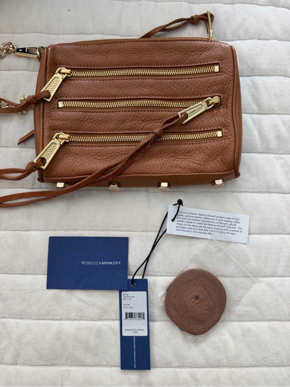New Rebecca Minkoff Cognac Pebbled Leather Crossbody with Gold Hardware